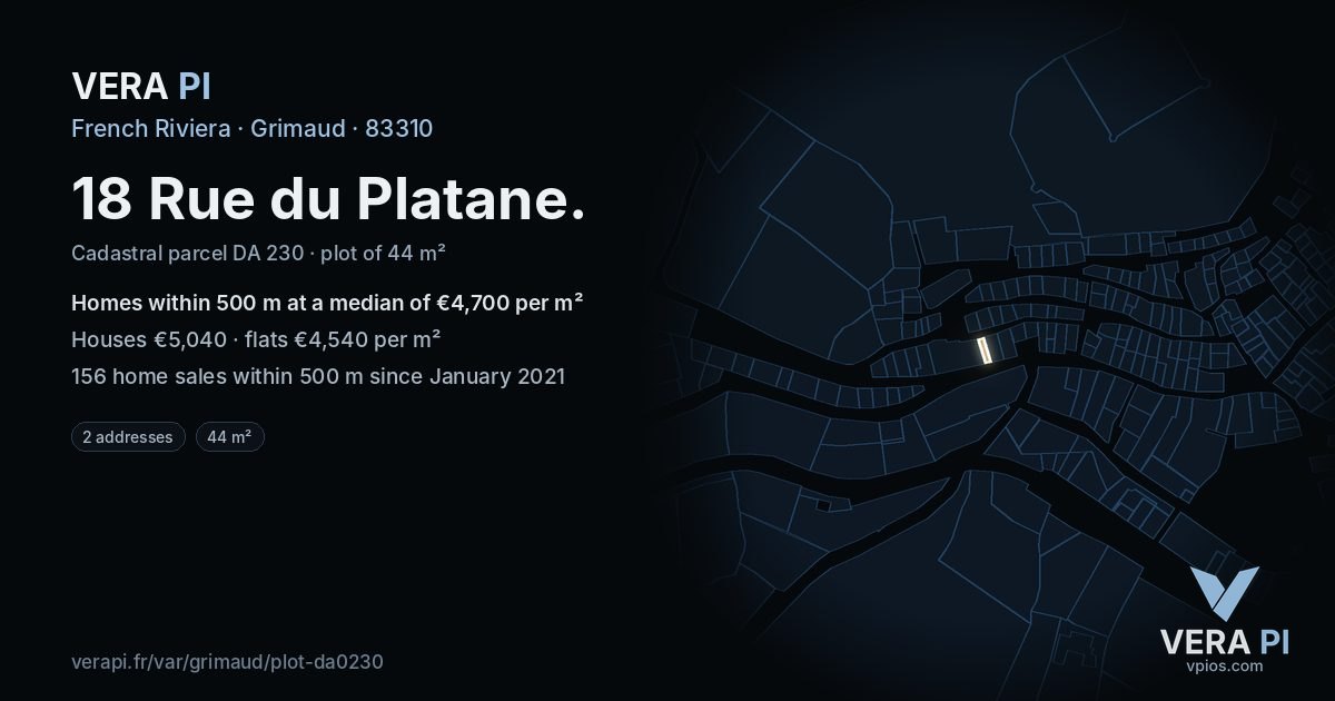 18 Rue du Platane, Grimaud at night – the plot lit, the parcels around coloured by the prices near them