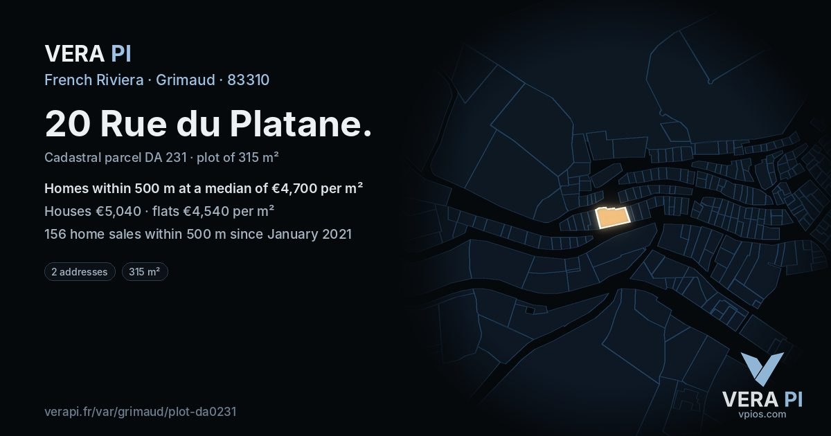 20 Rue du Platane, Grimaud at night – the plot lit, the parcels around coloured by the prices near them