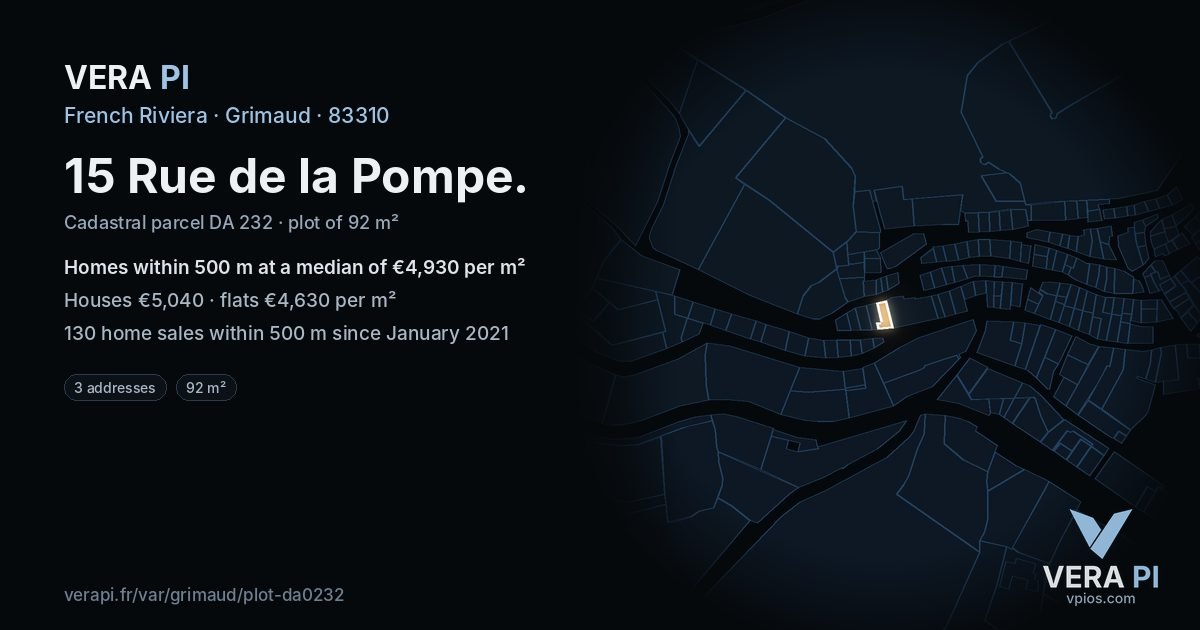 15 Rue de la Pompe, Grimaud at night – the plot lit, the parcels around coloured by the prices near them