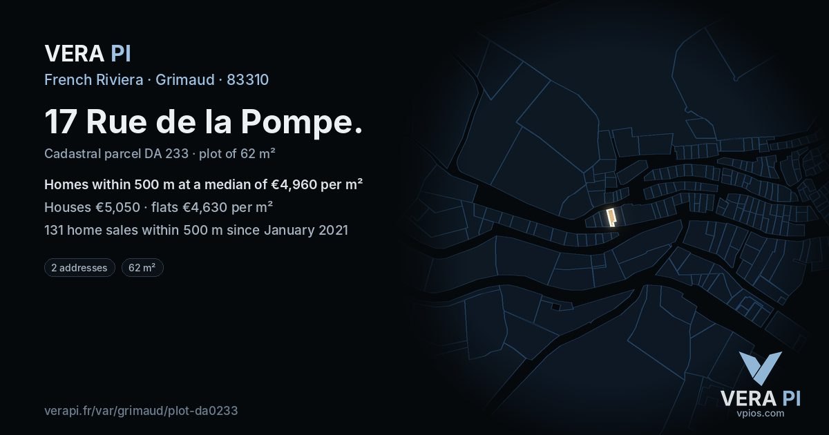 17 Rue de la Pompe, Grimaud at night – the plot lit, the parcels around coloured by the prices near them