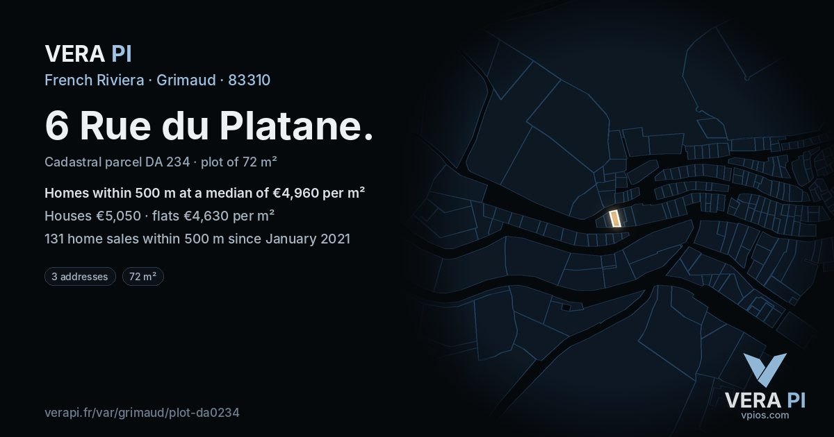 6 Rue du Platane, Grimaud at night – the plot lit, the parcels around coloured by the prices near them