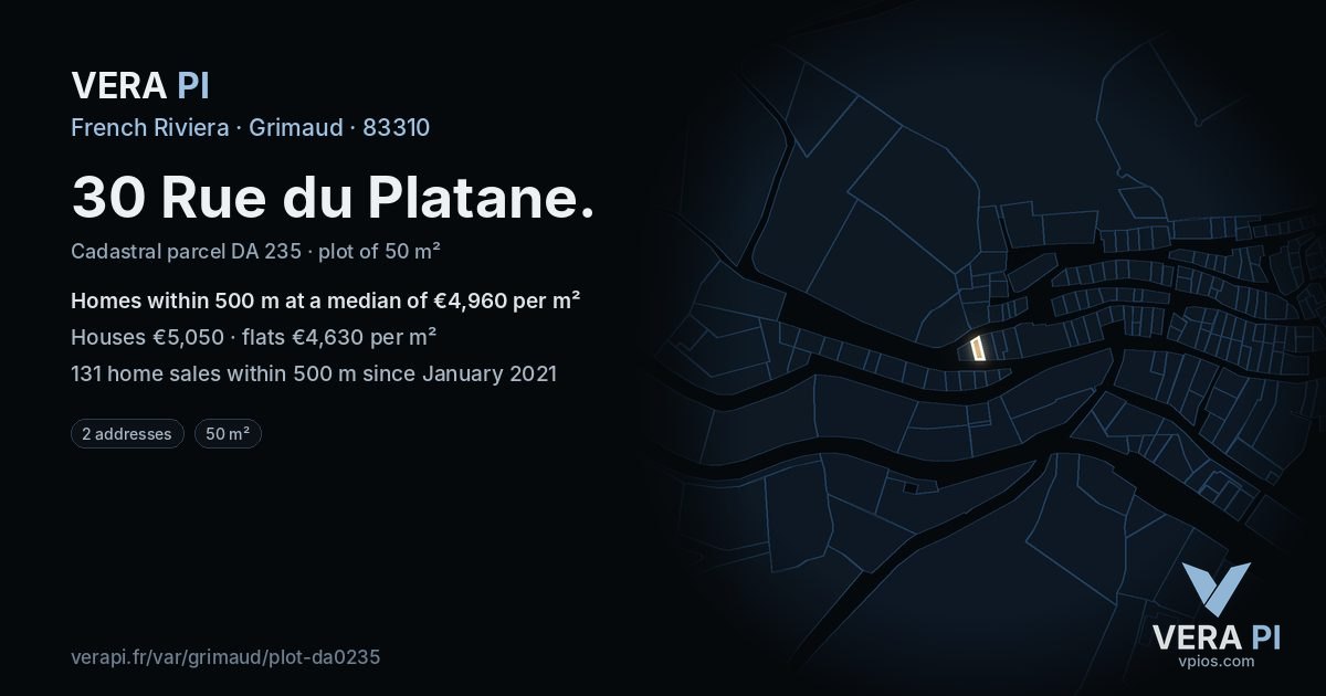 30 Rue du Platane, Grimaud at night – the plot lit, the parcels around coloured by the prices near them