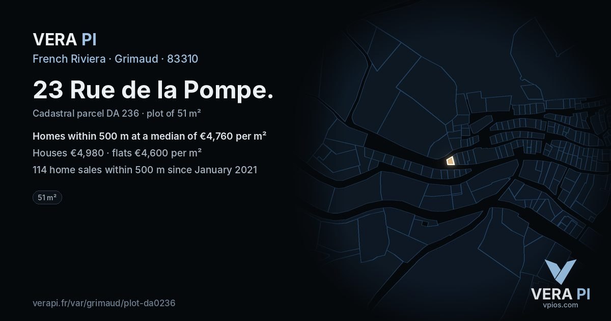 23 Rue de la Pompe, Grimaud at night – the plot lit, the parcels around coloured by the prices near them