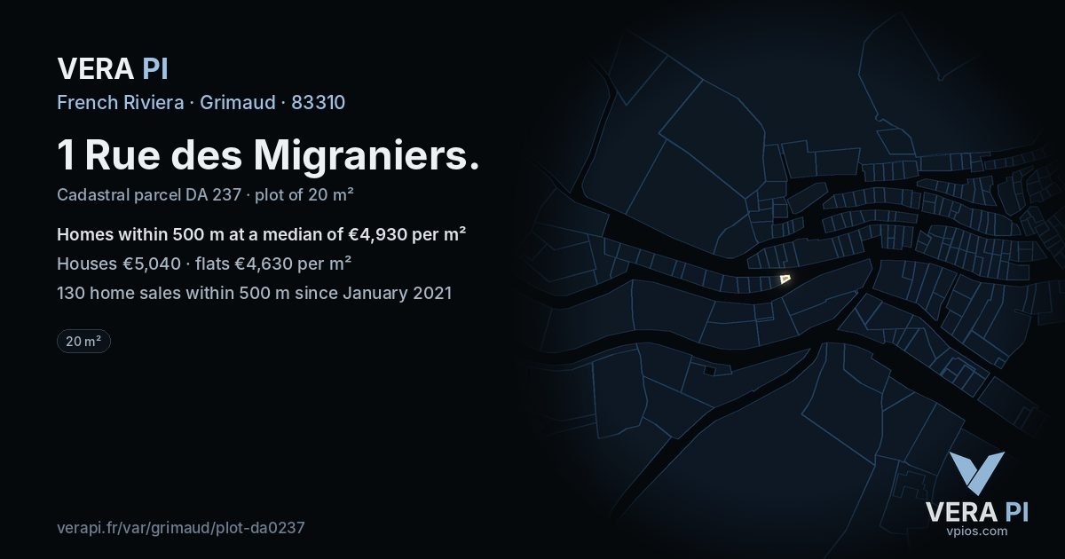 1 Rue des Migraniers, Grimaud at night – the plot lit, the parcels around coloured by the prices near them