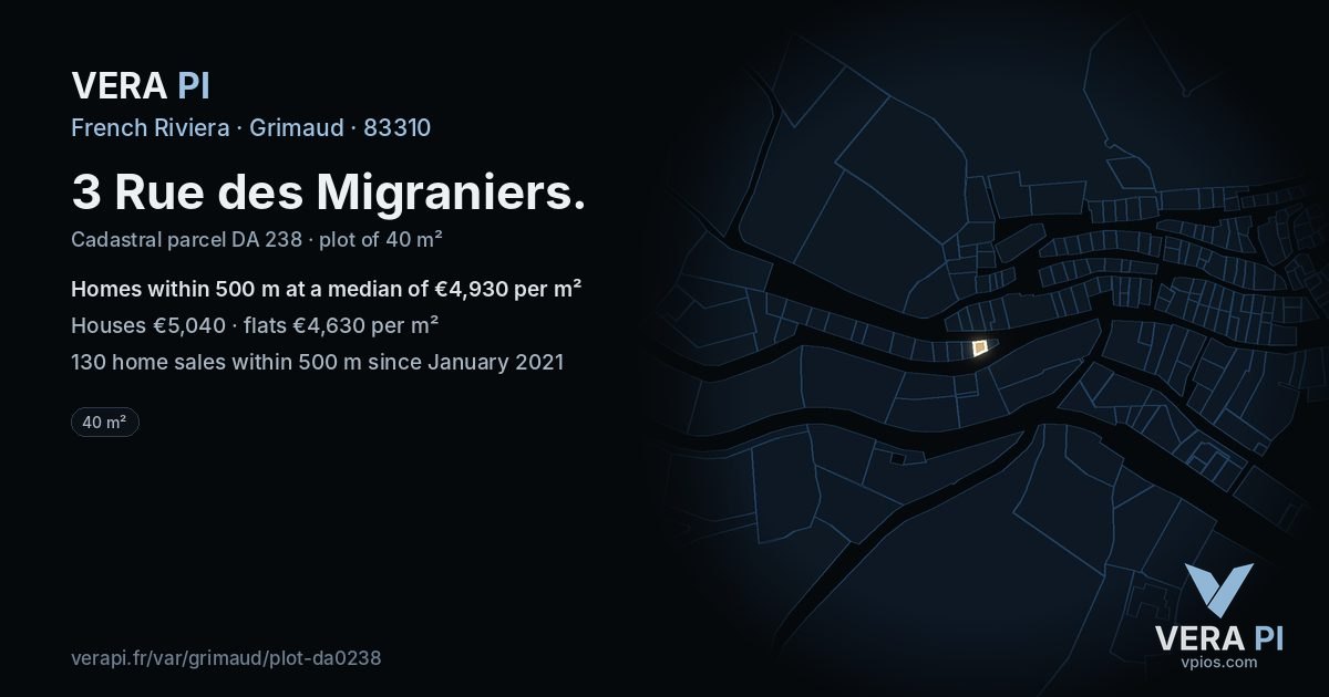 3 Rue des Migraniers, Grimaud at night – the plot lit, the parcels around coloured by the prices near them