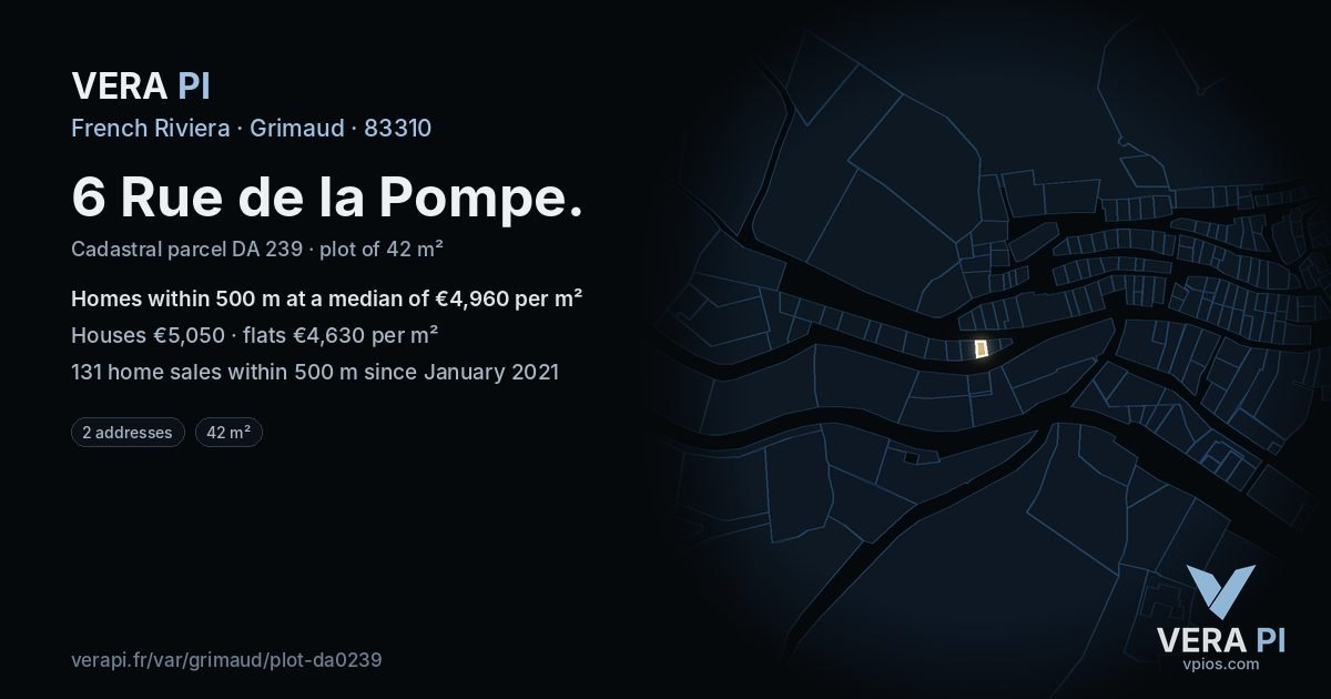 6 Rue de la Pompe, Grimaud at night – the plot lit, the parcels around coloured by the prices near them