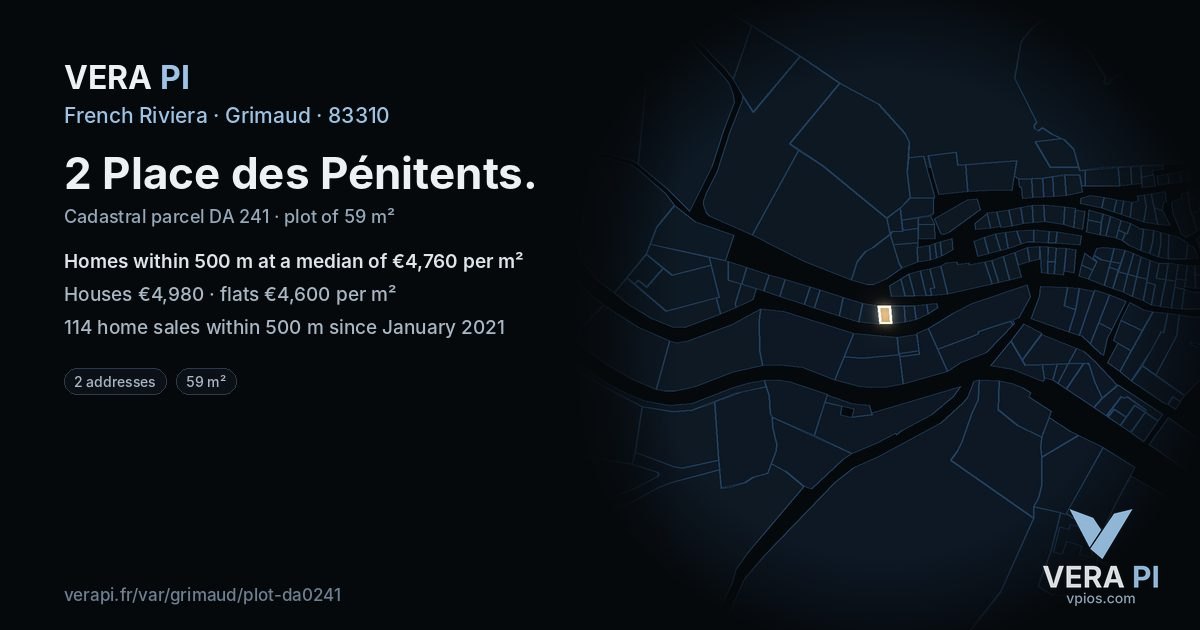 2 Place des Pénitents, Grimaud at night – the plot lit, the parcels around coloured by the prices near them