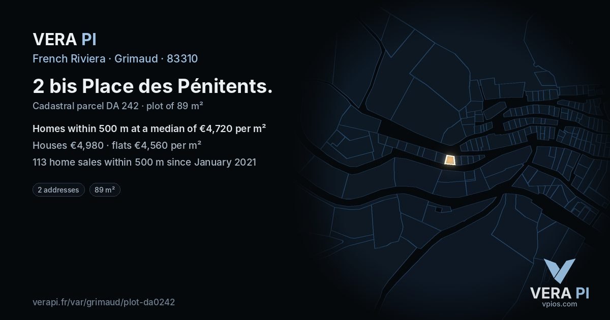 2 bis Place des Pénitents, Grimaud at night – the plot lit, the parcels around coloured by the prices near them