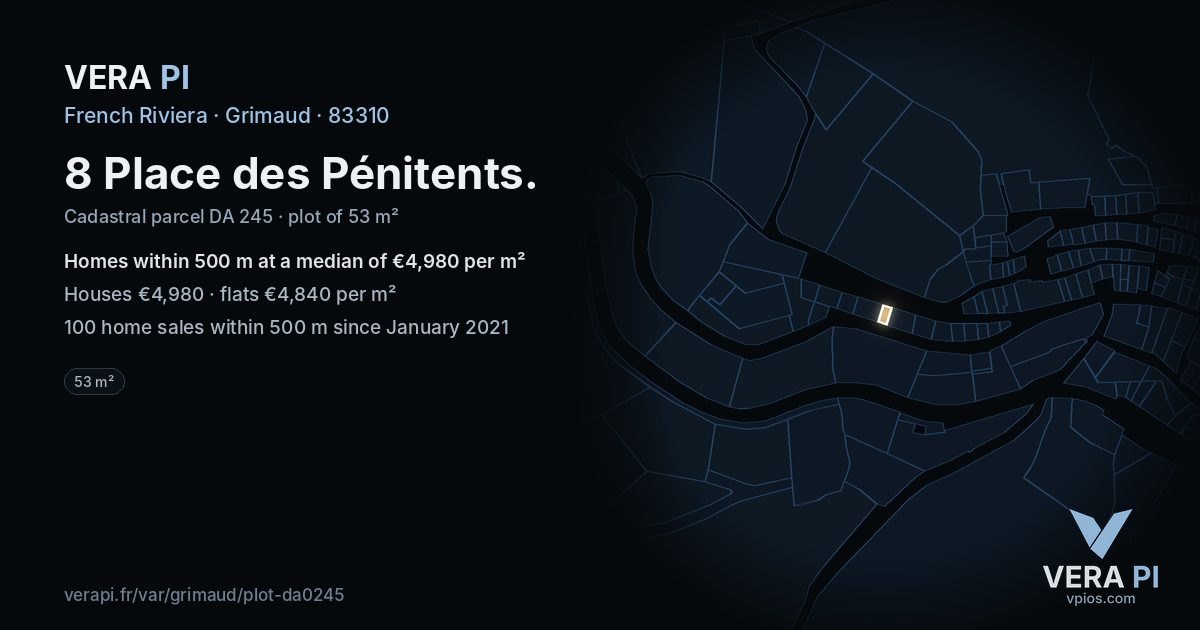 8 Place des Pénitents, Grimaud at night – the plot lit, the parcels around coloured by the prices near them