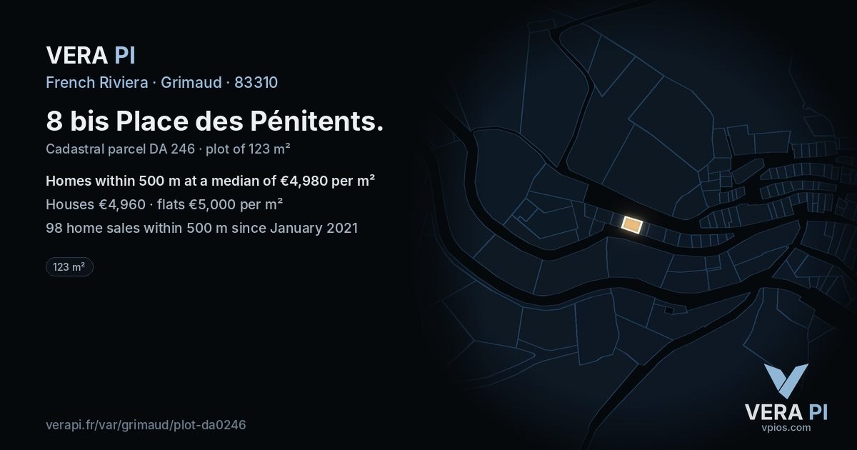 8 bis Place des Pénitents, Grimaud at night – the plot lit, the parcels around coloured by the prices near them