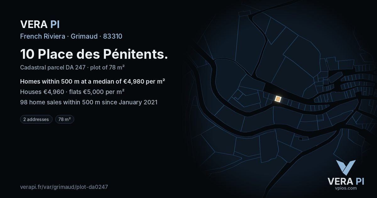 10 Place des Pénitents, Grimaud at night – the plot lit, the parcels around coloured by the prices near them