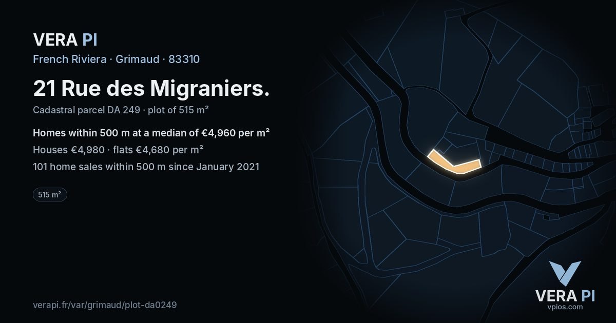 21 Rue des Migraniers, Grimaud at night – the plot lit, the parcels around coloured by the prices near them