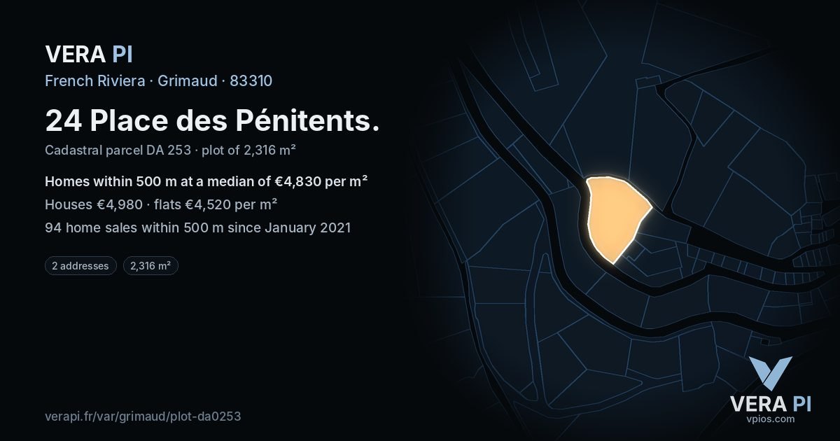 24 Place des Pénitents, Grimaud at night – the plot lit, the parcels around coloured by the prices near them