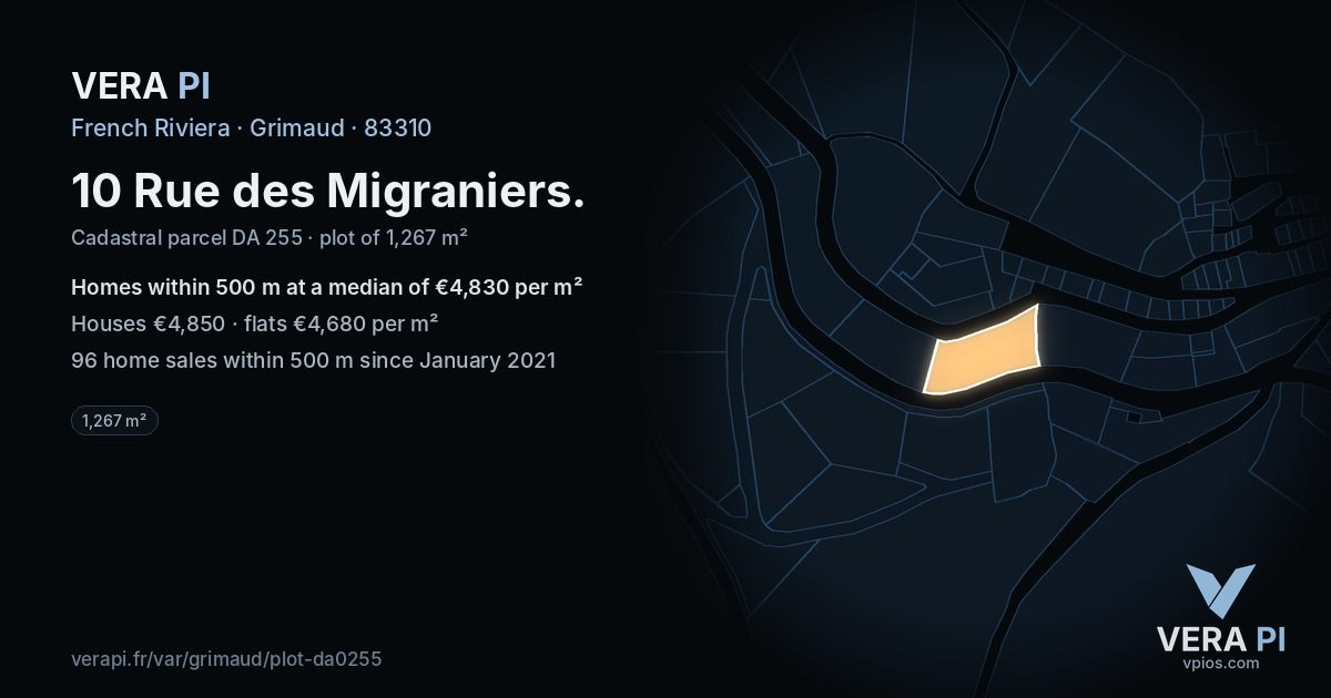 10 Rue des Migraniers, Grimaud at night – the plot lit, the parcels around coloured by the prices near them
