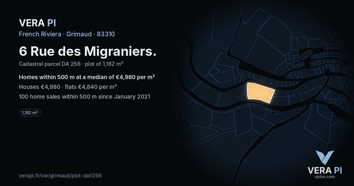 6 Rue des Migraniers, Grimaud at night – the plot lit, the parcels around coloured by the prices near them