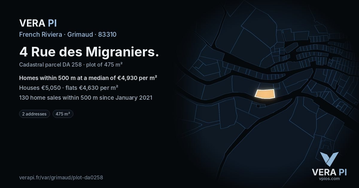 4 Rue des Migraniers, Grimaud at night – the plot lit, the parcels around coloured by the prices near them