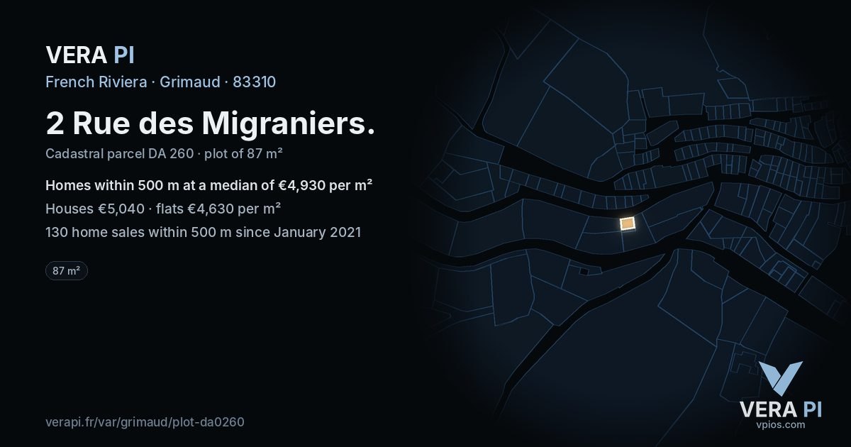 2 Rue des Migraniers, Grimaud at night – the plot lit, the parcels around coloured by the prices near them
