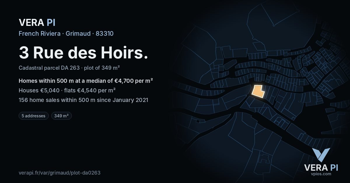 3 Rue des Hoirs, Grimaud at night – the plot lit, the parcels around coloured by the prices near them