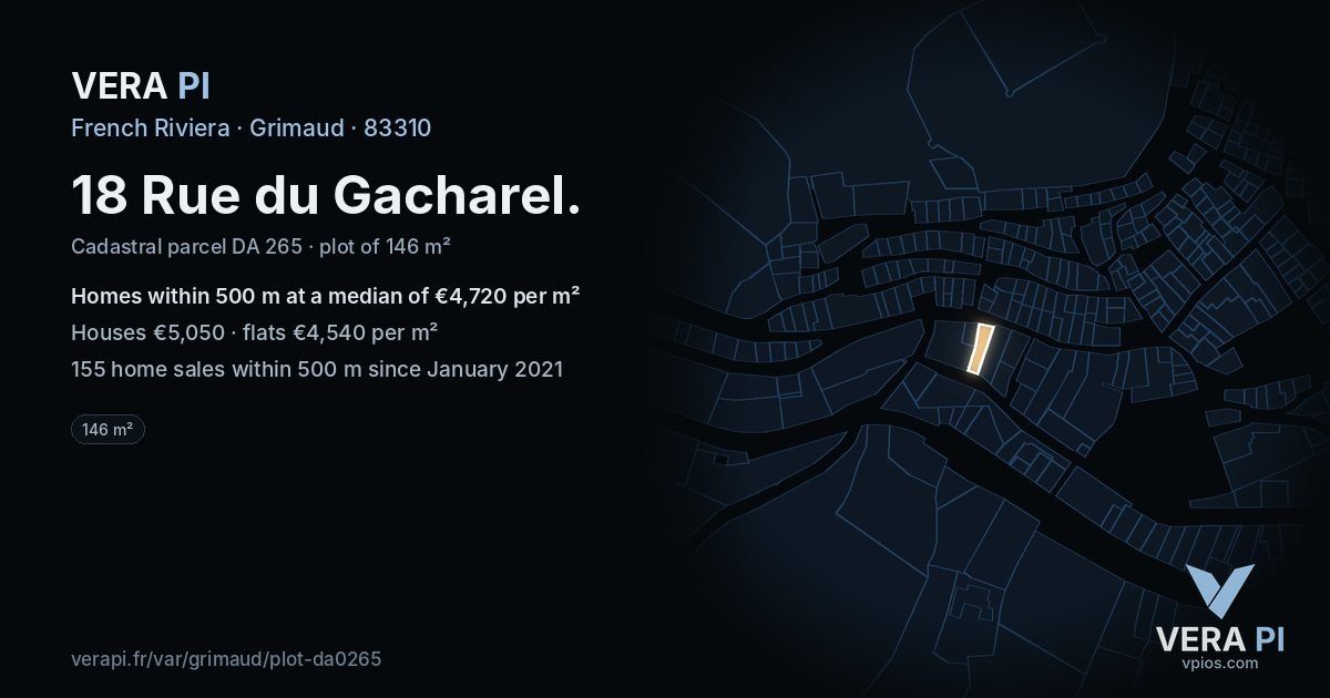 18 Rue du Gacharel, Grimaud at night – the plot lit, the parcels around coloured by the prices near them