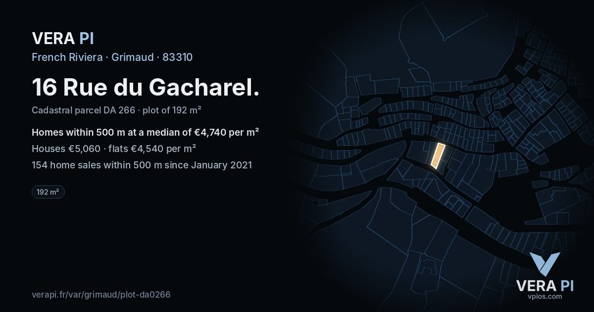 16 Rue du Gacharel, Grimaud at night – the plot lit, the parcels around coloured by the prices near them