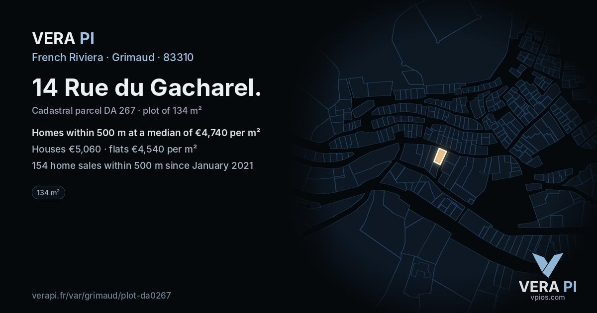14 Rue du Gacharel, Grimaud at night – the plot lit, the parcels around coloured by the prices near them