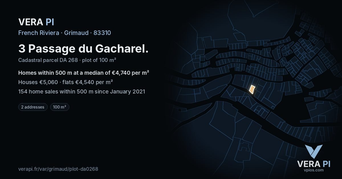 3 Passage du Gacharel, Grimaud at night – the plot lit, the parcels around coloured by the prices near them