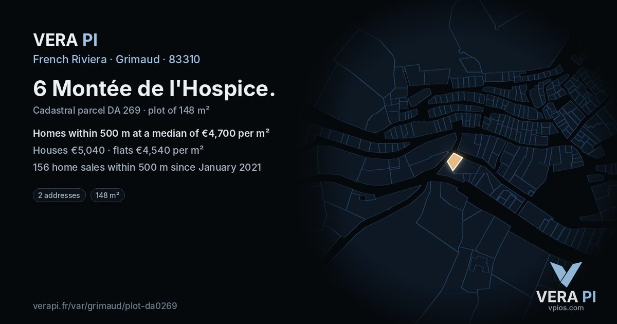 6 Montée de l'Hospice, Grimaud at night – the plot lit, the parcels around coloured by the prices near them