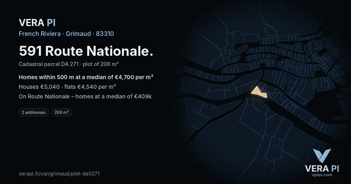 591 Route Nationale, Grimaud at night – the plot lit, the parcels around coloured by the prices near them