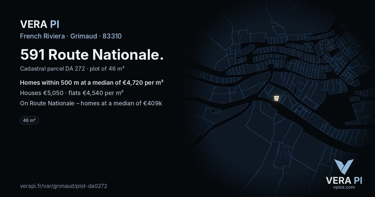 591 Route Nationale, Grimaud at night – the plot lit, the parcels around coloured by the prices near them