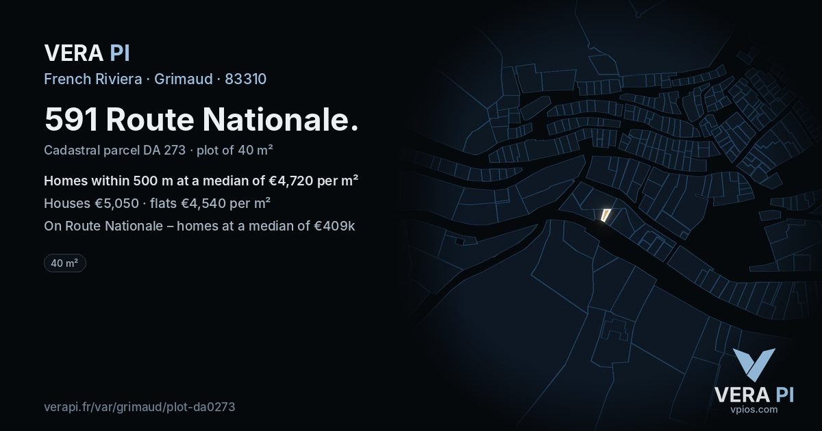 591 Route Nationale, Grimaud at night – the plot lit, the parcels around coloured by the prices near them