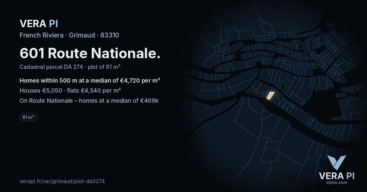 601 Route Nationale, Grimaud at night – the plot lit, the parcels around coloured by the prices near them