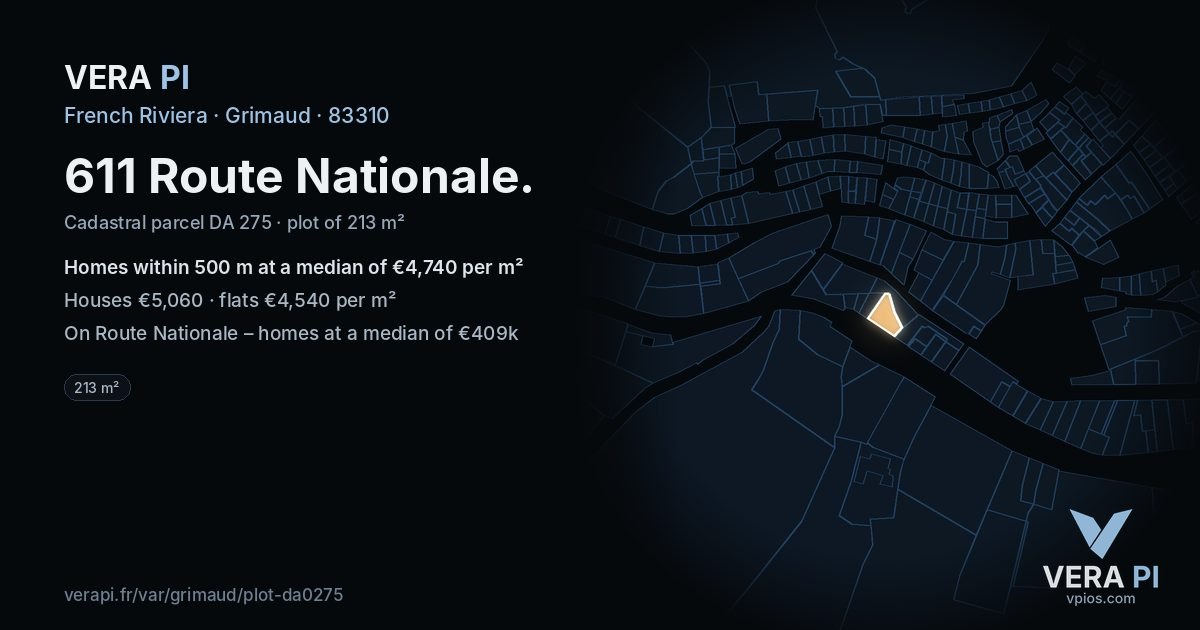 611 Route Nationale, Grimaud at night – the plot lit, the parcels around coloured by the prices near them