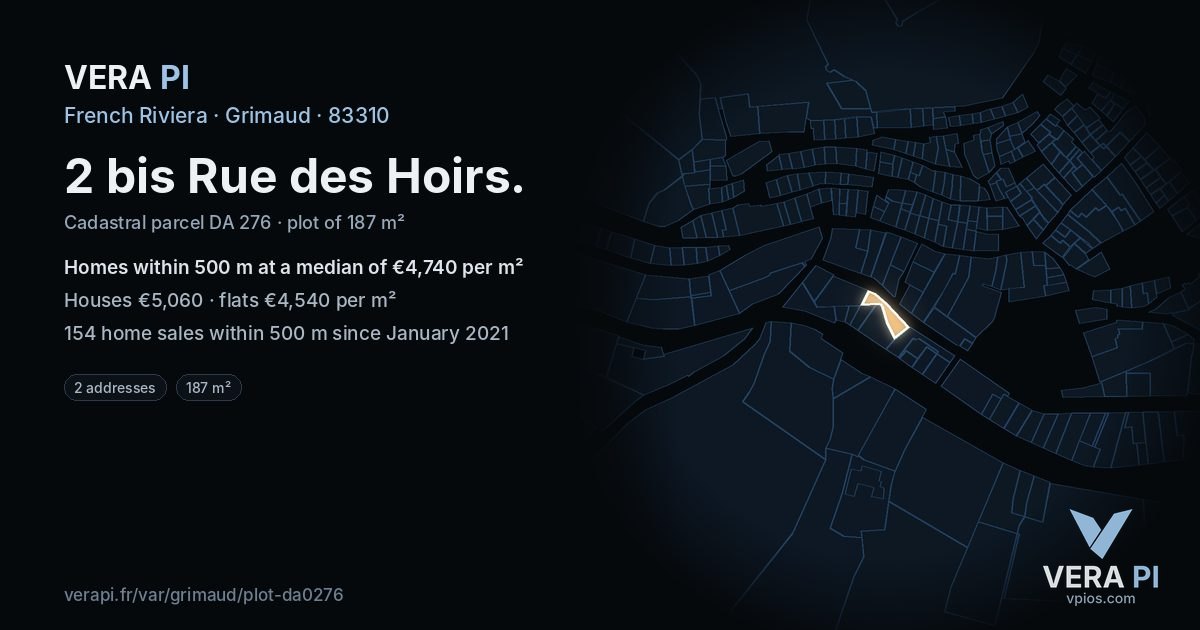 2 bis Rue des Hoirs, Grimaud at night – the plot lit, the parcels around coloured by the prices near them