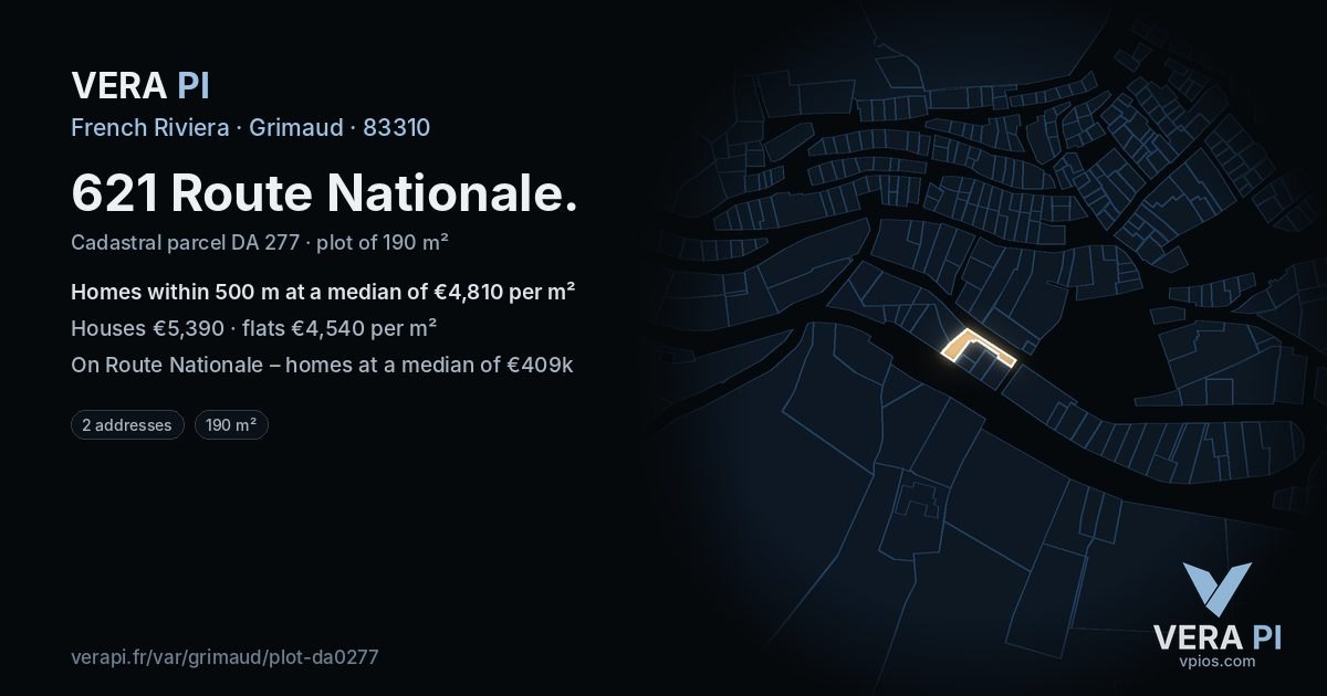 621 Route Nationale, Grimaud at night – the plot lit, the parcels around coloured by the prices near them