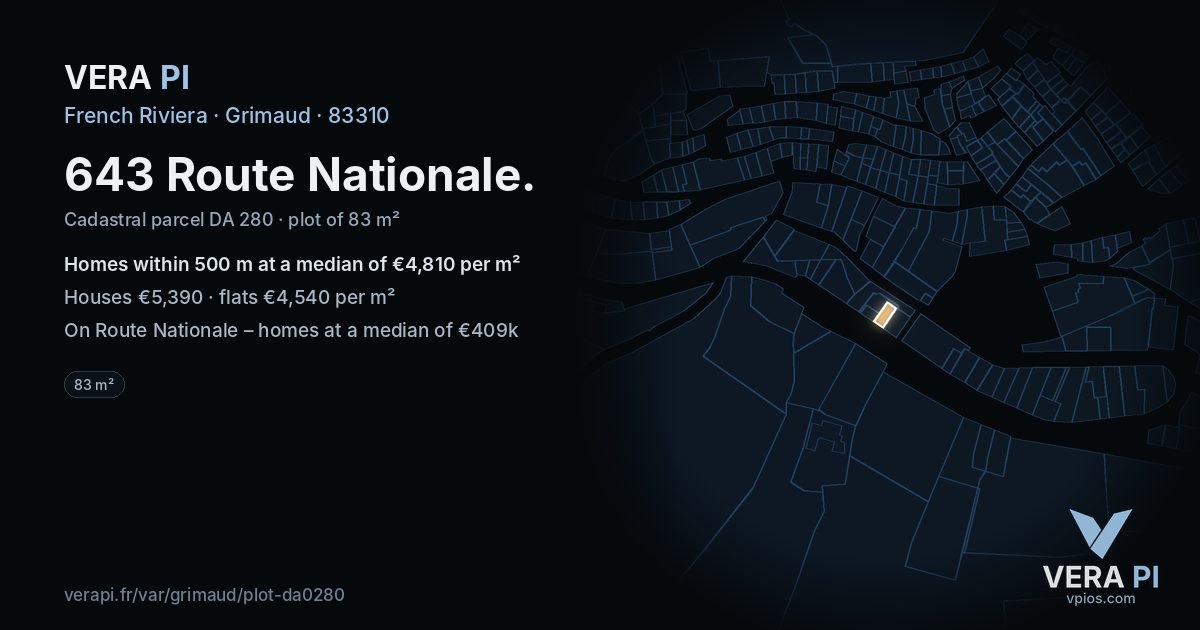 643 Route Nationale, Grimaud at night – the plot lit, the parcels around coloured by the prices near them