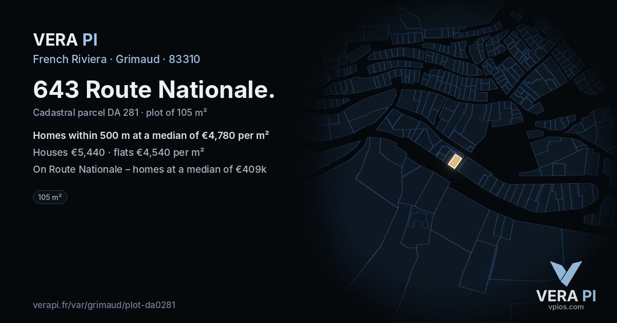 643 Route Nationale, Grimaud at night – the plot lit, the parcels around coloured by the prices near them