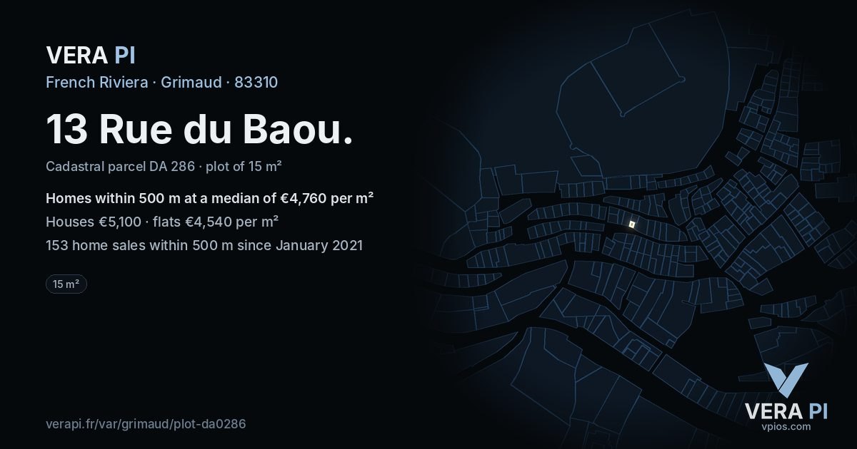 13 Rue du Baou, Grimaud at night – the plot lit, the parcels around coloured by the prices near them