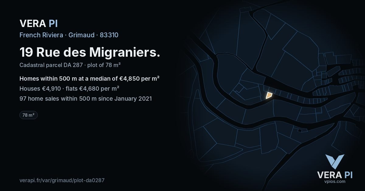 19 Rue des Migraniers, Grimaud at night – the plot lit, the parcels around coloured by the prices near them