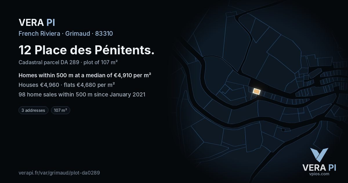 12 Place des Pénitents, Grimaud at night – the plot lit, the parcels around coloured by the prices near them