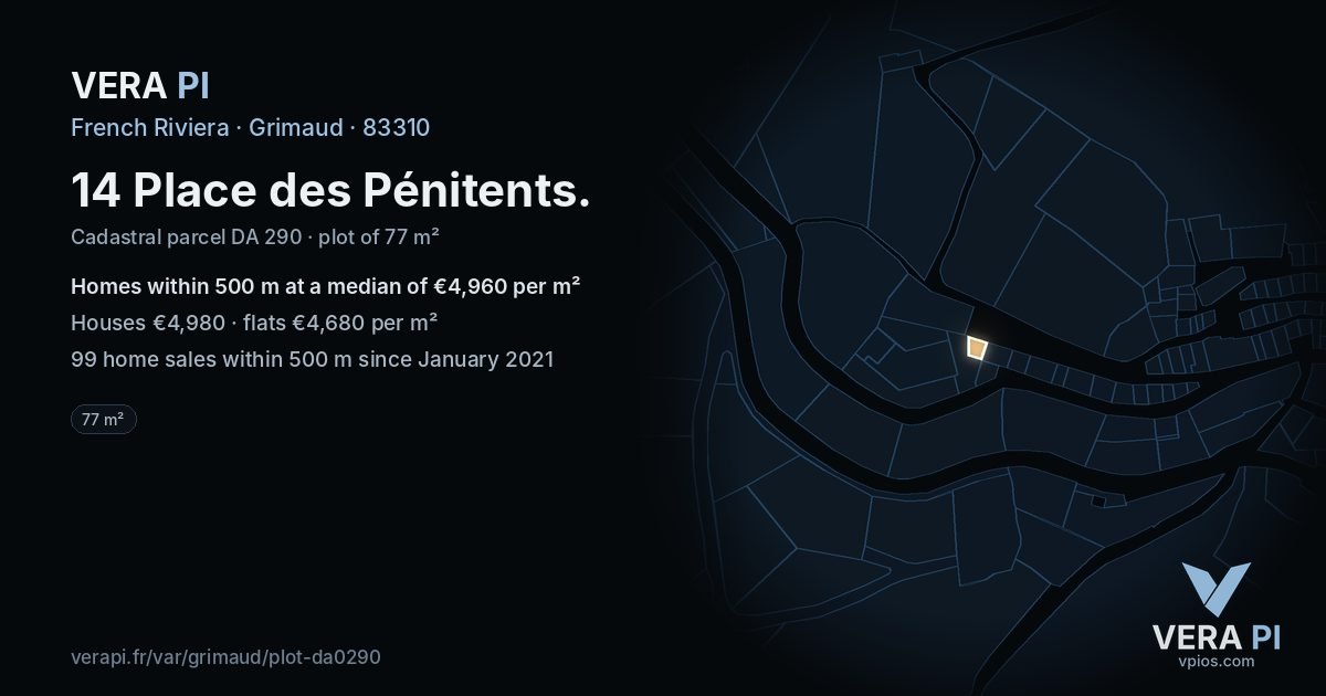 14 Place des Pénitents, Grimaud at night – the plot lit, the parcels around coloured by the prices near them