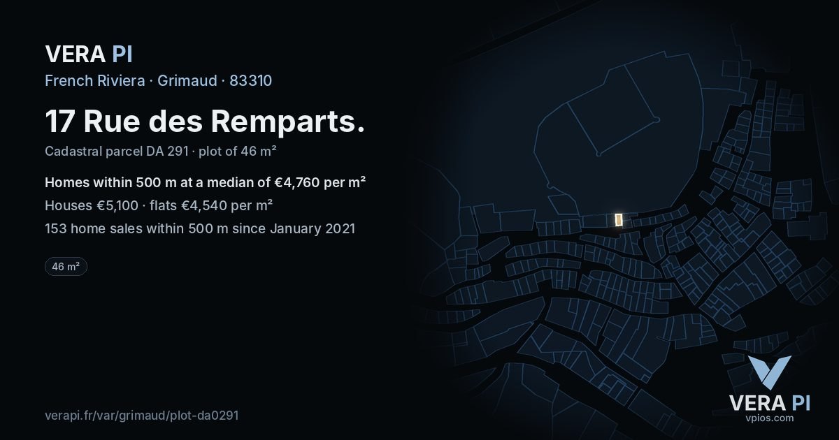 17 Rue des Remparts, Grimaud at night – the plot lit, the parcels around coloured by the prices near them