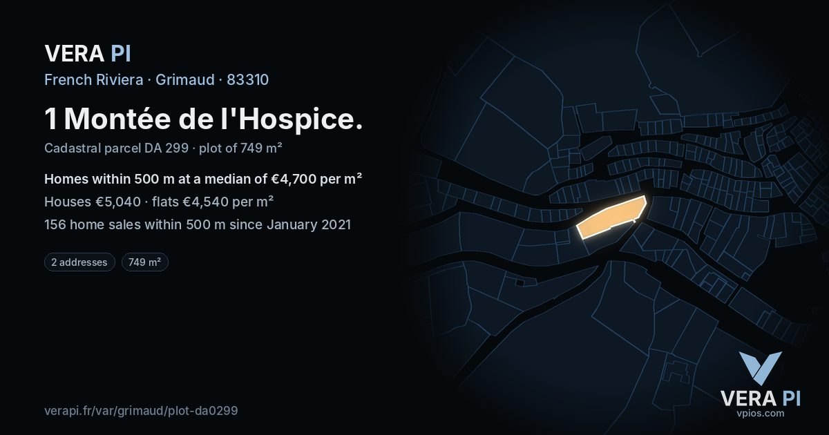 1 Montée de l'Hospice, Grimaud at night – the plot lit, the parcels around coloured by the prices near them
