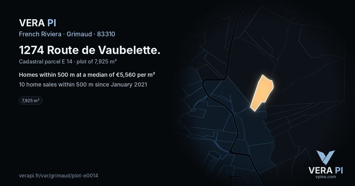 1274 Route de Vaubelette, Grimaud at night – the plot lit, the parcels around coloured by the prices near them