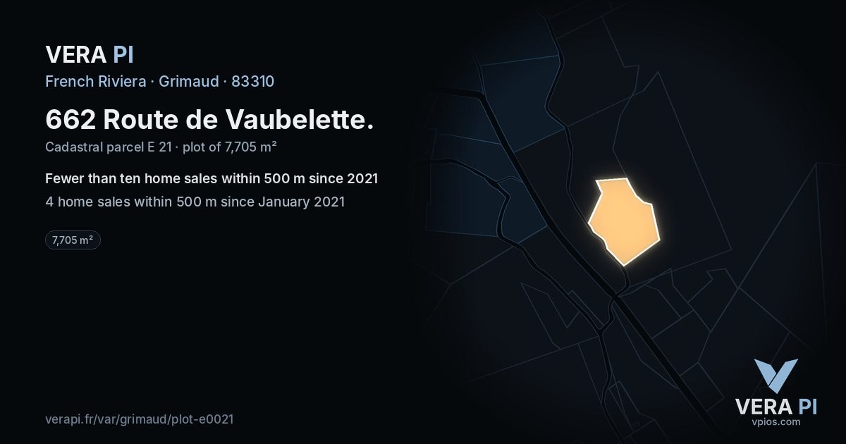 662 Route de Vaubelette, Grimaud at night – the plot lit, the parcels around coloured by the prices near them