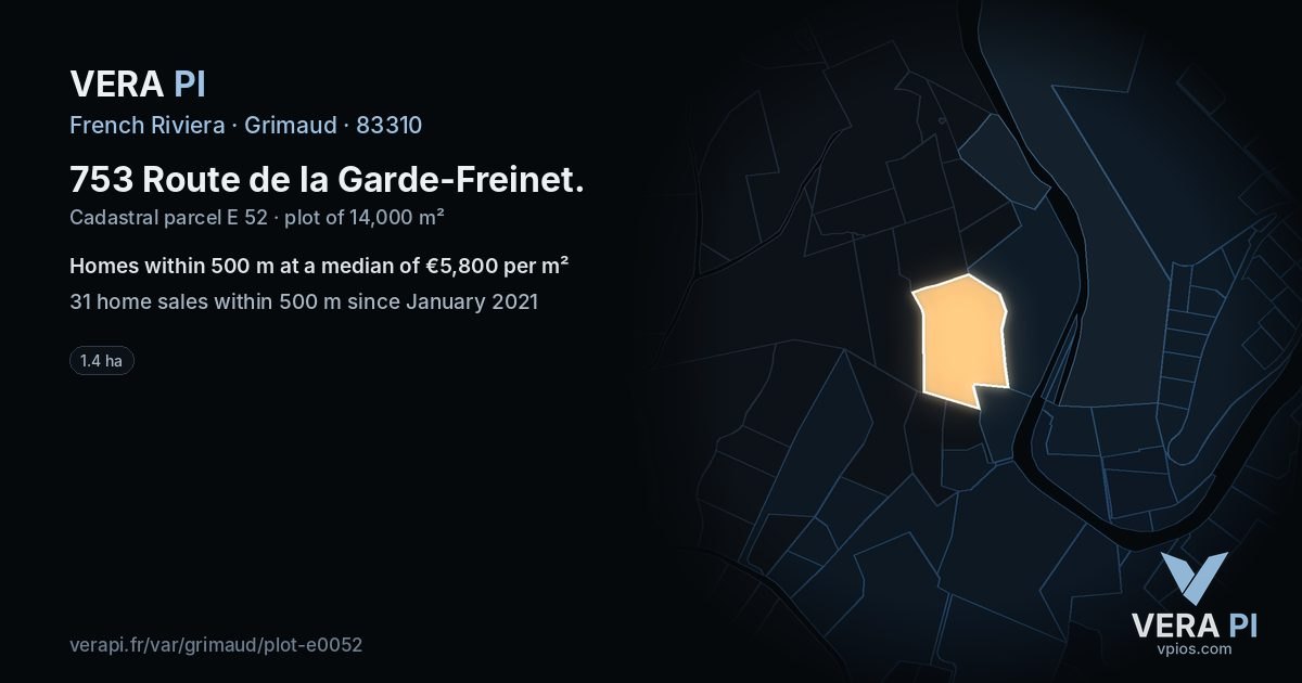 753 Route de la Garde-Freinet, Grimaud at night – the plot lit, the parcels around coloured by the prices near them
