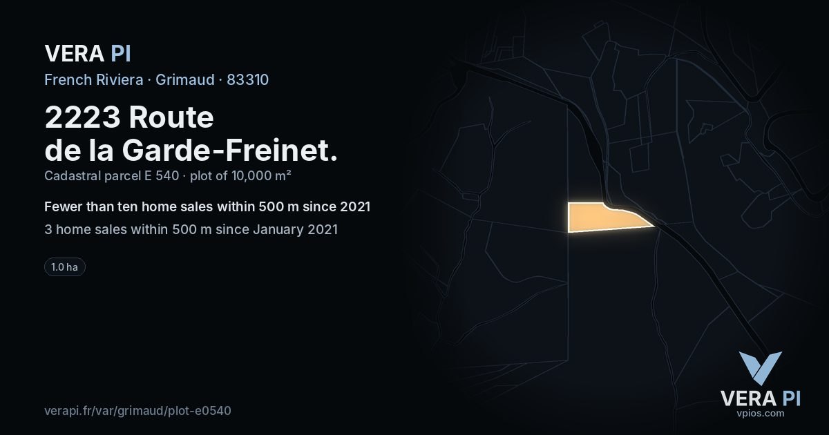2223 Route de la Garde-Freinet, Grimaud at night – the plot lit, the parcels around coloured by the prices near them