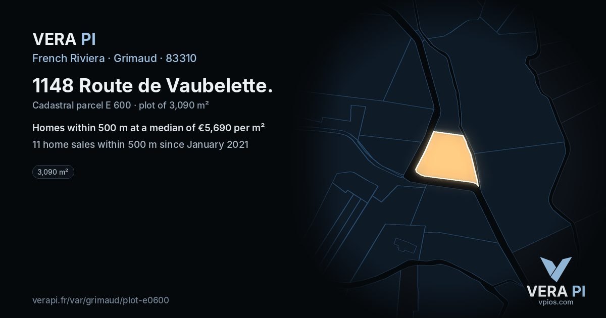 1148 Route de Vaubelette, Grimaud at night – the plot lit, the parcels around coloured by the prices near them