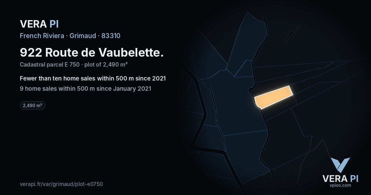 922 Route de Vaubelette, Grimaud at night – the plot lit, the parcels around coloured by the prices near them