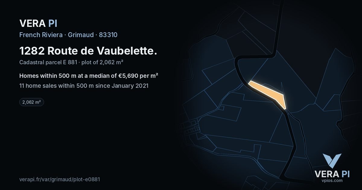 1282 Route de Vaubelette, Grimaud at night – the plot lit, the parcels around coloured by the prices near them