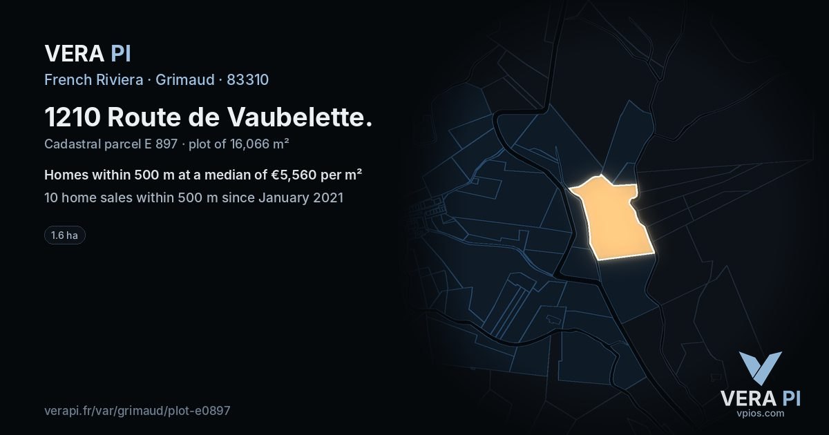 1210 Route de Vaubelette, Grimaud at night – the plot lit, the parcels around coloured by the prices near them